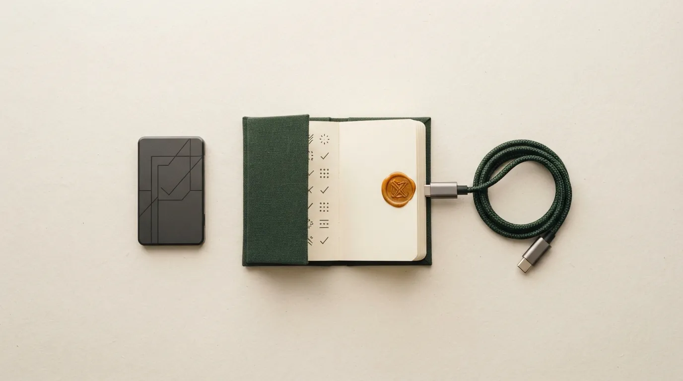 Task token, completion ledger, and cable arranged as a recovery check