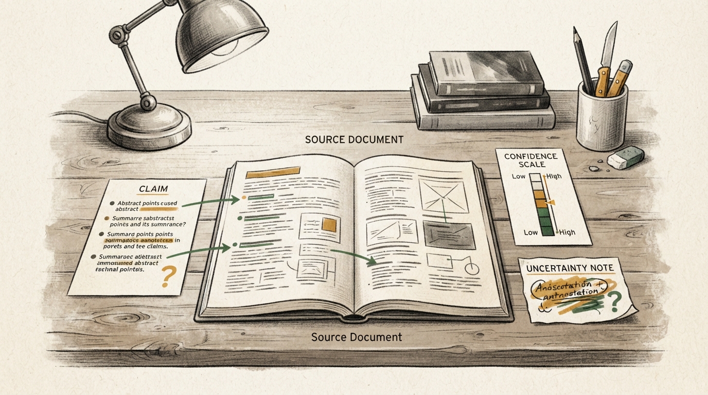 Source document and claim card being compared at an editorial desk