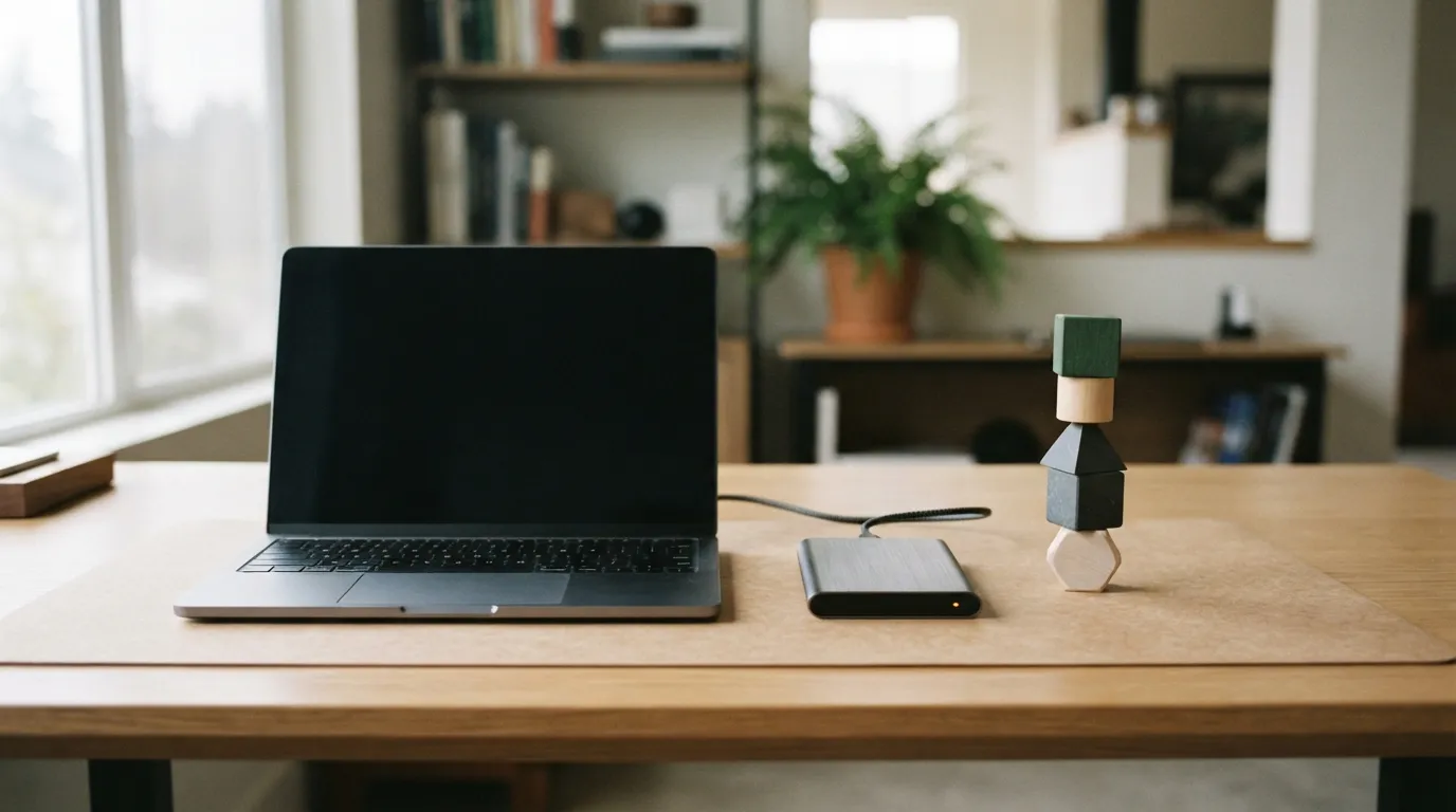 Laptop, removable drive, and storage blocks arranged on a desk
