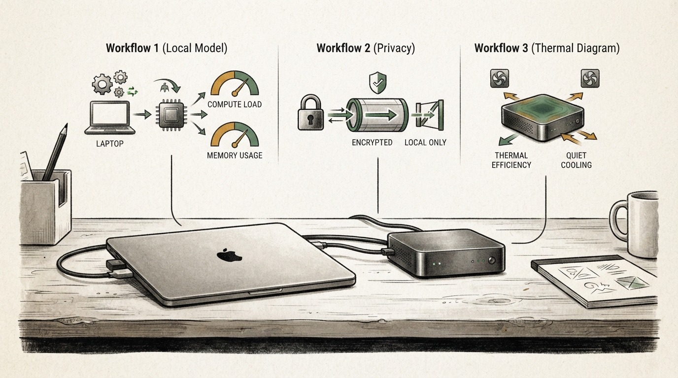 Compact laptop workstation with abstract performance and privacy symbols