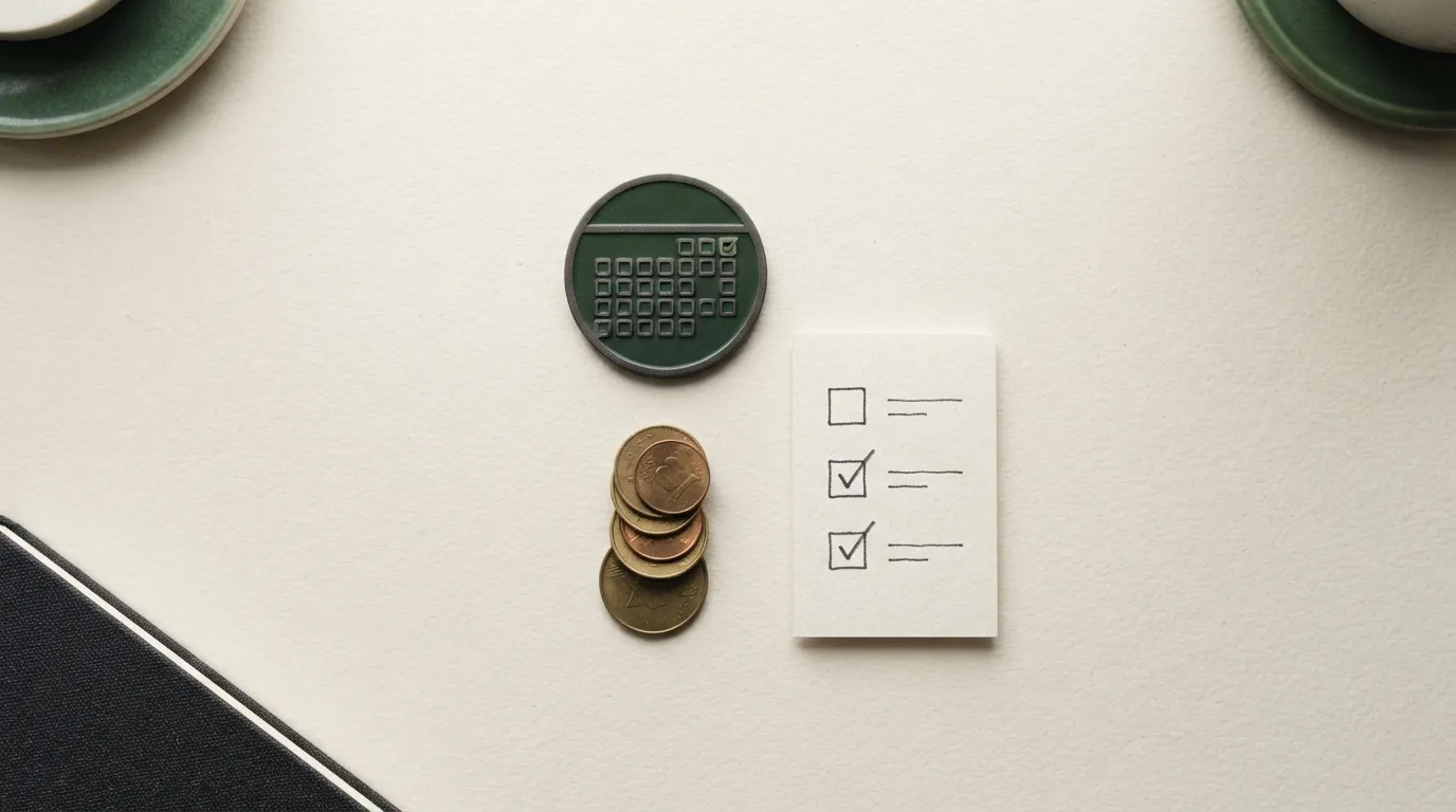 Calendar token, coins, and checklist card arranged on a desk